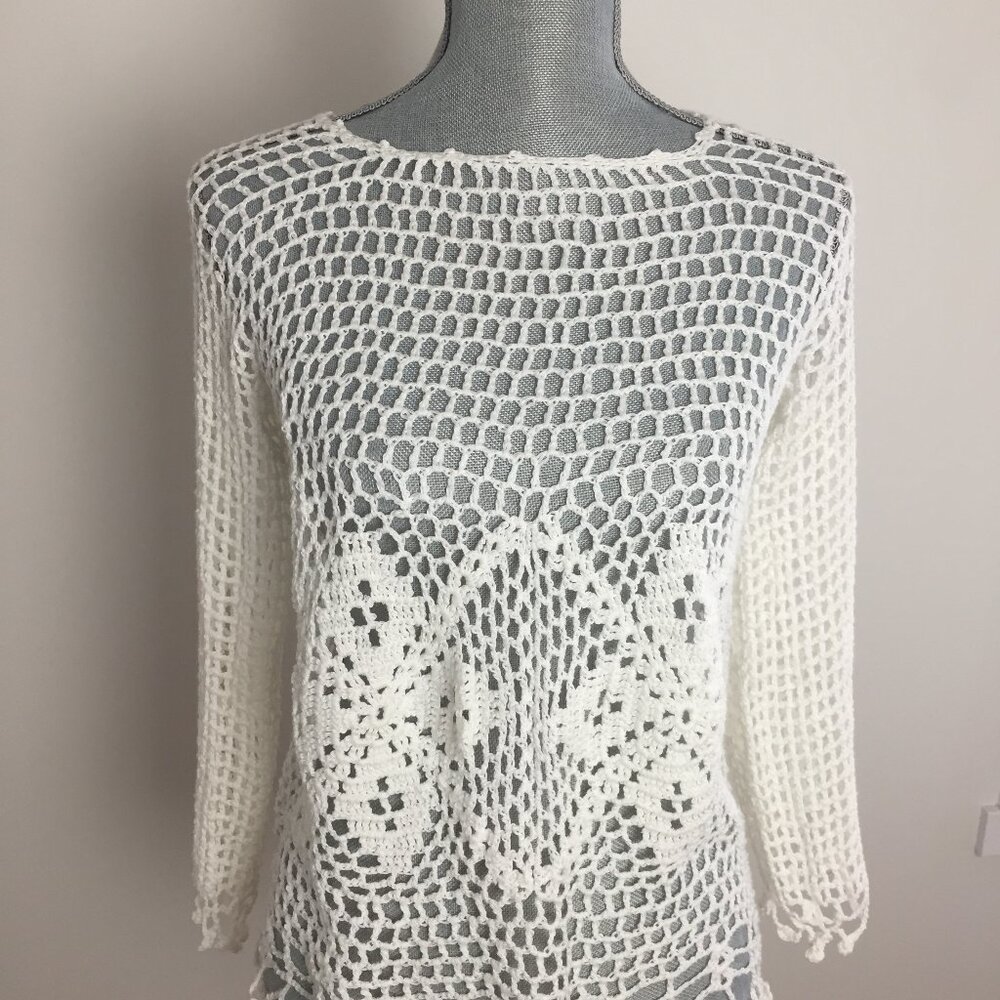 Open Knit Crotchet Top Sweater Beach Cover sz S in Ivory